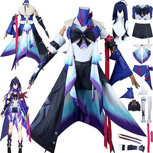 Tjmiaohao Honkai Star Rail Seele Cosplay Kostüm Outfit Spielfigur Kafka Blaue Uniform Kleider Komplettset Halloween Karneval Party Dress Up Anzug mit Perücke für Frauen Mädchen (S) von Tjmiaohao