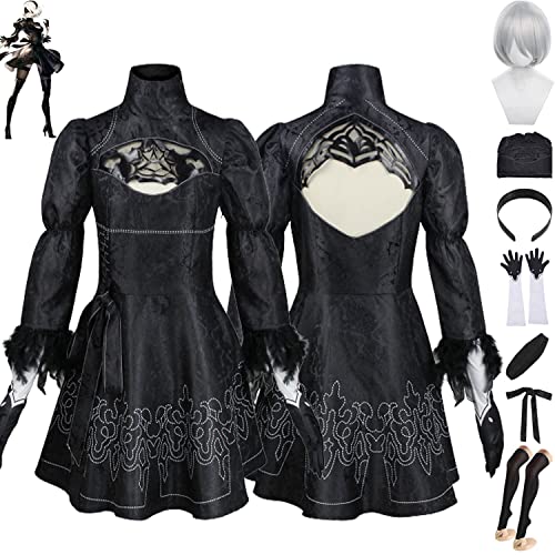 Tjmiaohao Spiel Nier Automata Yorha Nr. 2 Typ B Cosplay Kostüm Outfit 9S Schwarze Uniform Full Set Halloween Party Karneval Dress Up Anzug mit Augenmaske Perücke für Frauen Mädchen (L) von Tjmiaohao