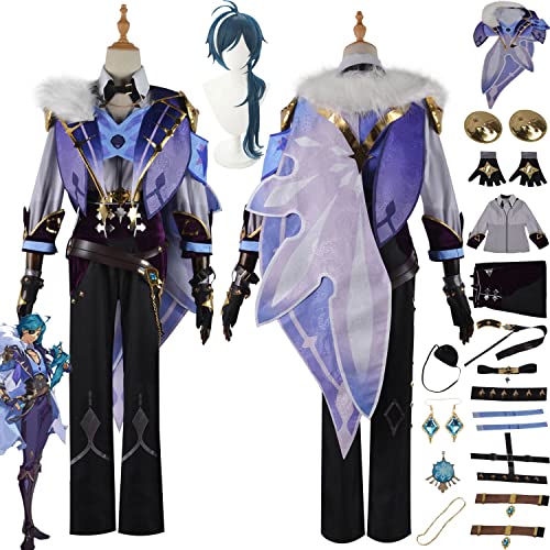 Tjmiaohao Spielfiguren Kaeya Cosplay Kostüm Outfit Genshin Impact Scaramouche Wanderer Blue Uniform Full Set Herren Jungen Halloween Dress Up Anzug mit Ohrringen Augenmaske Perücke (XXXL) von Tjmiaohao