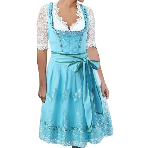 Oktoberfest-Outfit für Damen, bayerisches Kostüm, deutsches Bierfest, traditionelles Oktoberfest-Kostüm, Oktoberfest-Outfits, kariertes Kleid, Lederhose, Damen-Kostüm (A9-Himmelblau, S) von Tkukkwr