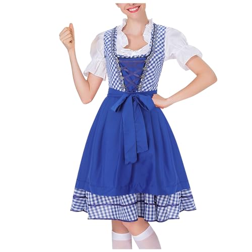 Tkukkwr Oktoberfest-Outfit für Damen, 3-teiliges Set, deutsches bayerisches Oktoberfest-Kostüm, schulterfreies Kleid, Schürze im nationalen Stil, Bierfest, Wench-Kostüm (A3-Blau, L) von Tkukkwr