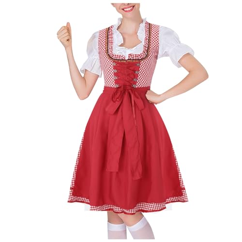 Tkukkwr Oktoberfest-Outfit für Damen, 3-teiliges Set, deutsches bayerisches Oktoberfest-Kostüm, schulterfreies Kleid, Schürze im nationalen Stil, Bierfest, Wench-Kostüm (A3-Rot, M) von Tkukkwr