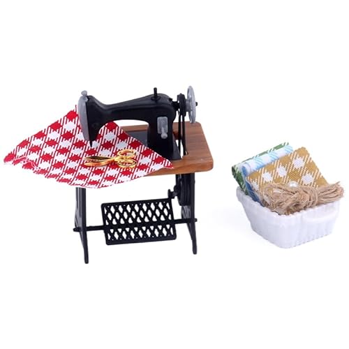 1 x Puppenhaus-Vintage-Nähmaschinen-Set, handgefertigt, Wolle, Nähen, kreative Miniatur-Möbel-Modell-Dekoration von Tlarsun