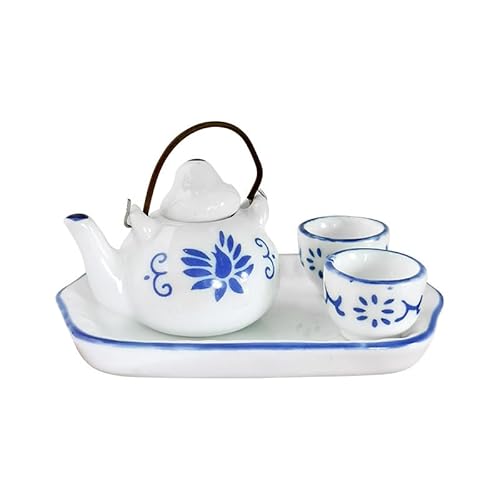 1:12 Miniatur Keramik Teeservice Set - Teekanne, Teetassen und Tablett für Puppenhaus Dekor & Zubehör von Tlarsun
