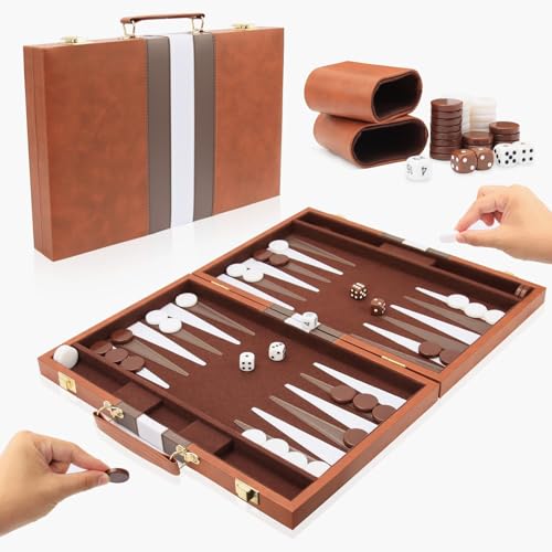 Backgammon Koffer, Tlater 11 Zoll Backgammon Spiel für 2 Spieler, Backgammon Reise mit Kunstlederkoffer für Kinder, Tragbares und Reisefreundliches, Braun von Tlater