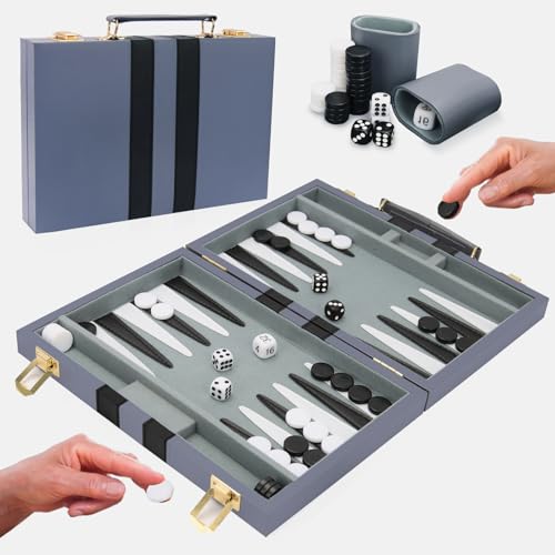 Tlater Backgammon Set für Kinder: 15in Classic Board Game mit Premium-Leder-Etui, tragbare kleine Reise-Strategie-Backgammon-Spiel-Sets für Erwachsene und Kinder (blau-grau-15inches) von Tlater