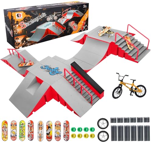 Tlater Mini Finger Skateboard Park Kits, 14-in-1 Finger Skateboard Ramp Set mit 14 Rampen, 8 Fingerboards, 1 Finger Bike, DIY Fingerspielzeug Lernspielzeug Geschenke für Kinder von Tlater