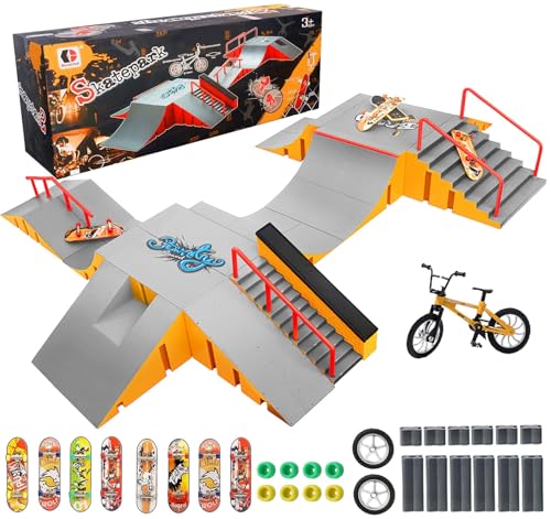 Tlater Mini Finger Skateboard Park Kits, 14-in-1 Finger Skateboard Ramp Set mit 14 Rampen, 8 Fingerboards, 1 Finger Bike, DIY Fingerspielzeug Lernspielzeug Geschenke für Kinder von Tlater