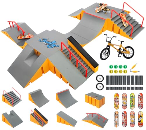 Tlater Mini Finger Skateboard Park Kits, 14-in-1 Finger Skateboard Ramp Set mit 14 Rampen, 8 Fingerboards, 1 Finger Bike, DIY Fingerspielzeug Lernspielzeug Geschenke für Kinder von Tlater