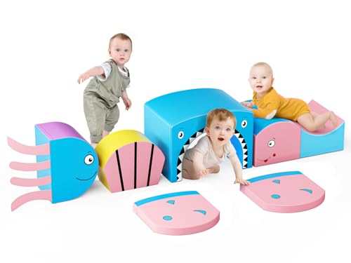 Schaumstoff-Kletterblöcke für Kleinkinder, 6-teiliges Softplay-Klettern für Kinder, Kleinkinder-Kletterspielzeug mit Tunnel, Treppe und Rutsche, Indoor-Krabbel- und Kletterspielset für Kinder（Ozean） von Tnamdan