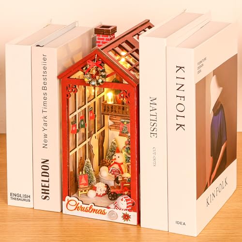 Book Nook Kit 3D Puzzle Buchstützen 12x19x25cm Kreative Weihnachts Bücherregal Kits mit Spieluhr und LED Licht Spieluhr DIY Puppenhäuser Miniatur Haus Kit Weihnachts Neujahrs (A) von Toaboa