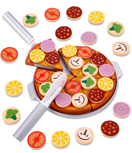 Toaren Pizza Set Holz,Pizza Kinderküche Zubehör,Zubehör Kinderküche,Spielzeug Lebensmittel für Kaufladen zubehör Holz,Holz Pizza für Kinder mit Schneidebrett,Pizzaschneider von Toaren