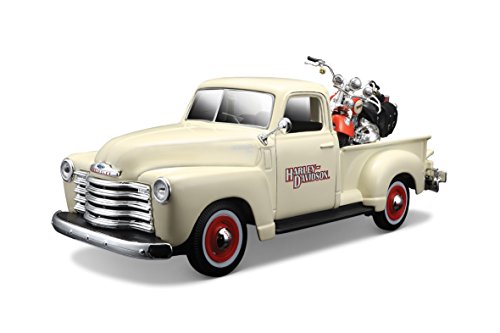 Tobar M32194 Maisto Harley Davidson/Chevrolet 3100 Pickup mit FLSTS Heritage Springer Motorrad Druckguss-Fahrzeug, Schwarz, Cream von Tobar