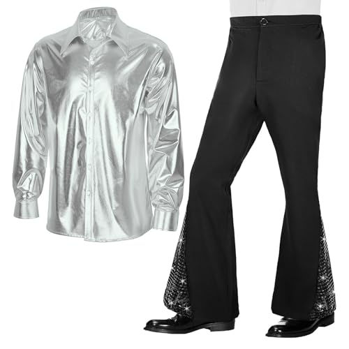 Tobysper Herren 70er Jahre Outfit Retro Disco Kostüm Set Pailletten Hemd Glänzende Metallic-Hemden + Retro Schlaghosen 2-teilig Männer Hippie Kostüm Anzug Vintage Karneval Kostüm von Tobysper