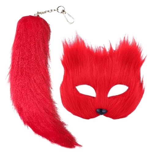 TocaFeank Animal Masken und Schwanz Set | Kostüm Pelzige Füchse Maske | Katzenmaske Halbgesicht Maskerade Schwanz mit Schlüsselanhänger | Animal Maskerade für Cosplay Kostüm Party Zubehör von TocaFeank