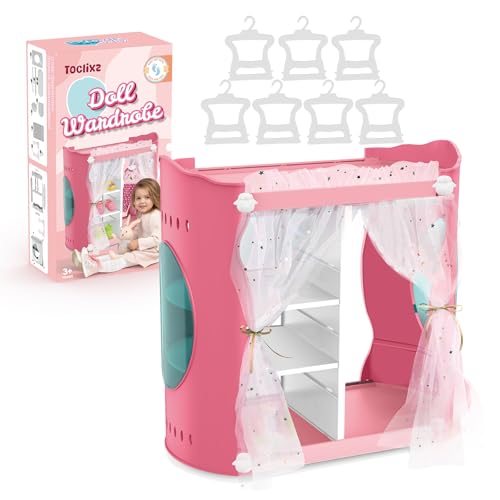 Toclsixz Puppenschrank für 36-43cm Puppe|mit 7 kleiderbügel für Puppenkleidung|Puppen zubehör für Puppen|Geschenk für 3 +Jahre Mädchen, Rosa von Toclsixz