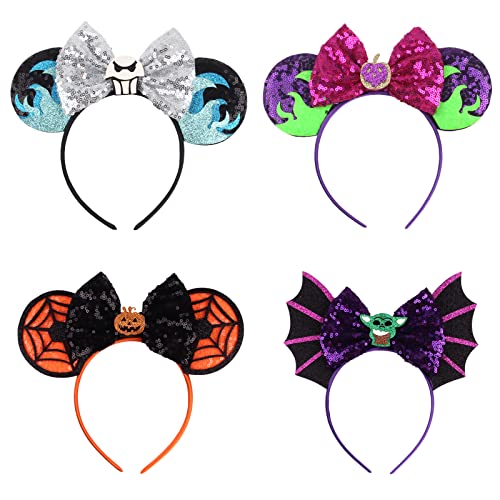 Tocwick 4 PACK Halloween Runde Maus Ohren Stirnband Kürbis Fledermaus niedliche Pailletten Haarreifen für Halloween Party Cosplay Kostüm Zubehör Park Trip Set von Tocwick