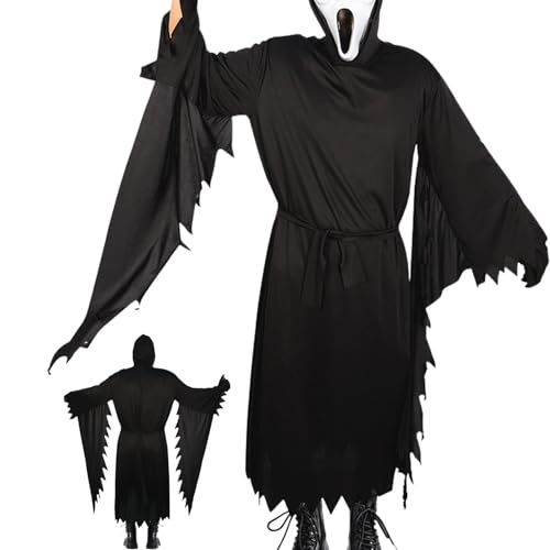 Tocxoe Gostfaceing Kostüm, gruselige Geister, schwarzer Bademantel mit Maske für Herren und Damen, Halloween, Cosplay, Outfit (Größe L, Schwarz) von Tocxoe