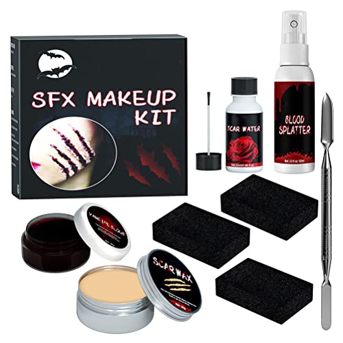 Halloween-Spezialeffekte, SFX-Make-up-Set für Zombie-Vampir-Haut, Narben-Modellierwachs, Kunstblut-Gel-Narbenwasser, Kunstblut-Sprühschwamm, Silberschaber für Halloween-Cosplay (B) von Todaid