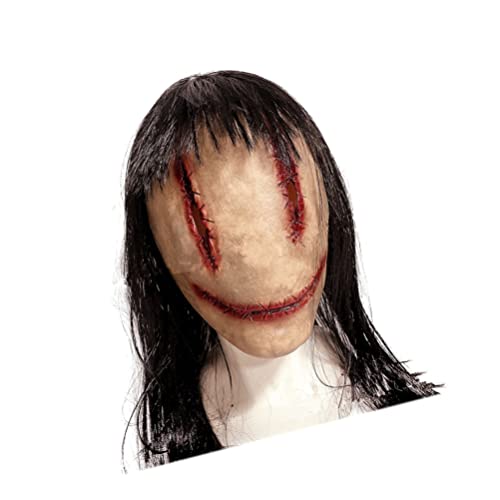 Toddmomy Gruselige Halloween-Lächeln-Killer-Maske Mit Haaren Gruselige Nähte Weibliche Geistermasken Vampirmaske Mit Vollem Kopf Für Halloween-Kostümparty von Toddmomy