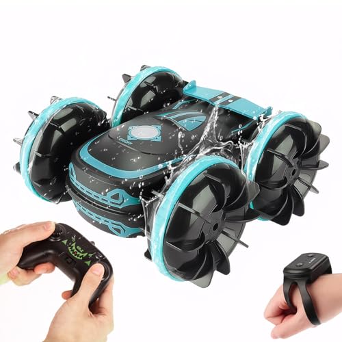 Todeco 4WD Ferngesteuertes Auto, Amphibienfahrzeug Ferngesteuertes Auto, Gestensensor Wasserdicht RC Stunt Auto, 2.4Ghz, 360° Flip, Kinder ab 8 Jahren(Blau) von Todeco