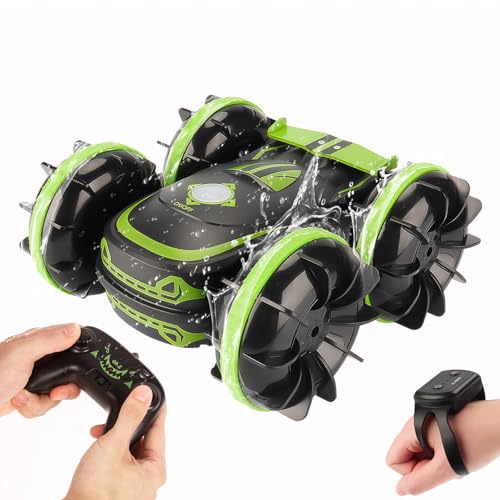 Todeco Ferngesteuertes Auto, Auto Ferngesteuert Amphibienfahrzeug, Gestensensor Wasserdicht RC Stunt Auto, 2.4Ghz 4WD 360°Rc Auto, Auto Spielzeug für Kinder ab 6 Jahren(Grüne Farben) von Todeco