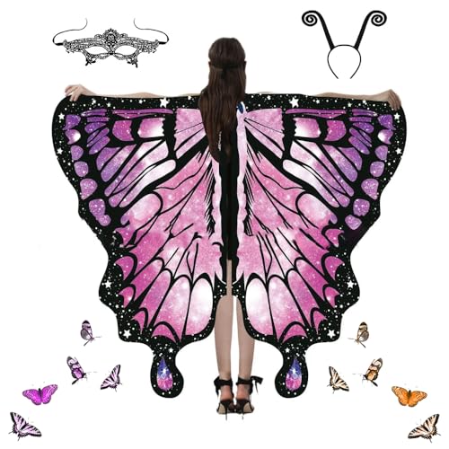 Schmetterling Kostüm Damen, Schmetterlingsfee Wings Scha mit Haarreif Spitzenmaske, 3-teiliges Set Bunter Schmetterling Umhang Schmetterlingskostüm Flügel Cosplay Fasching Skostüme für Karneval (B) von Toerjii