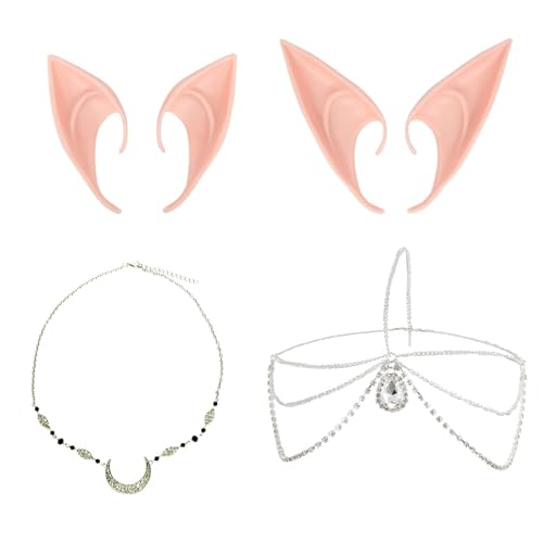 2 Stück Elf Ears,2 Stück Retro Mond KopfKette+Kristall KopfschmuckElfenohren,Elfenohren Schmuck,Elfenohren Set,Retro Kristall Tiara,Cosplay Fairy,Karneval Halloween Kostüm Anime Party Cosplay Zubehör von TogtherKings