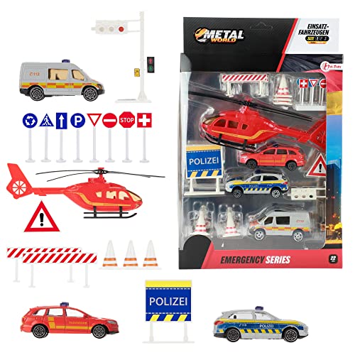 Toi-Toys Cars&Trucks Krankenwagen/Polizei/Feuerwehr Set - 22 Teile - Metall Spielzeug Autos + Hubschrauber - Für Kinder ab 3 Jahren von Toi-Toys