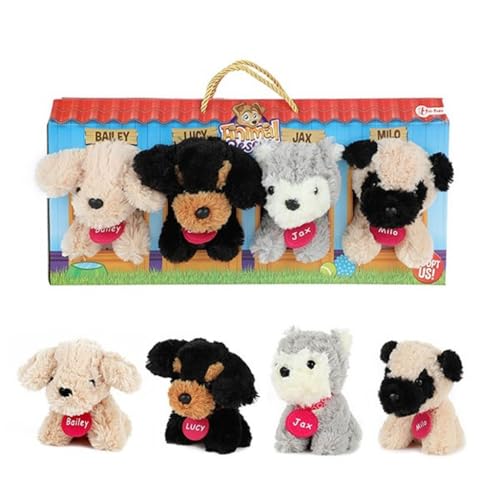 Toi-Toys Hunde Spielset Plüschtiere mit Transportbox - 4 Verschiedene Hunde Kuscheltiere - ab 2 Monaten - für Kinder geeignet von Toi-Toys