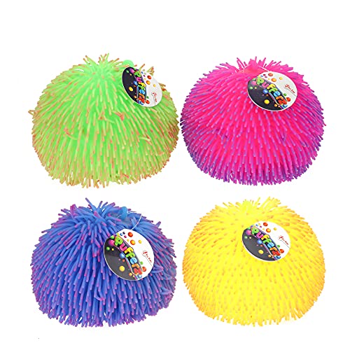 Toi-Toys Puffer Ball in 4er Set in Grün, Blau, Rosa und Gelb - Anti-Stressball - Squish Ball mit Fransen - Puffer-Ball - Knetball - ca. 24 cm von Toi-Toys