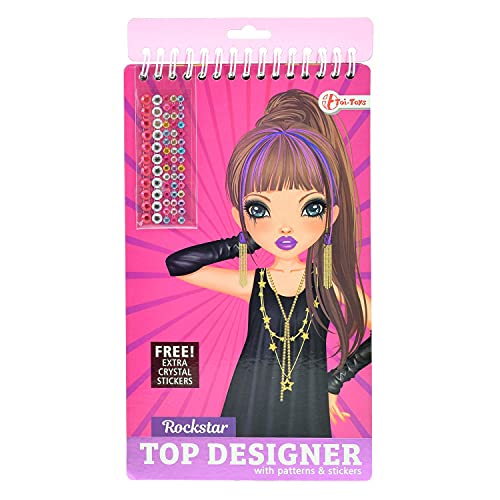 Toi-Toys TOP Designer Stickerbuch Rockstar - Skizzenbuch - Mode Bastelbuch mit Glitzersteinen, Schablonen und Aufklebern - ab 6 Jahren von Toi-Toys