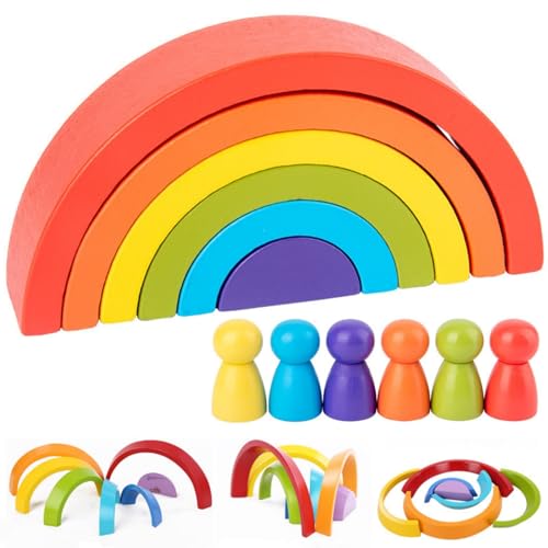 Tokaneit 12 Stück Holz Regenbogen Stapel Set, Regenbogen-Stapelspielzeug aus Holz, Regenbogen aus Holz, Regenbogen Holz Spielzeug Bausteine, Regenbogen Stapelspielzeug, Motorikspielzeug, Geschenk von Tokaneit