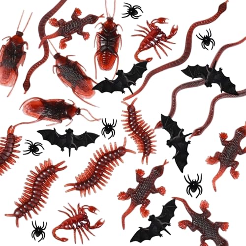 54 Stücke Kunststoff Realistische Bugs, Kunststoff Insekten Halloween, Kakerlaken Spinnen Scorpions Ratten Geckoes Hundertfüßer Fliegen Fledermäuse für Halloween Gruselige Dekorationen Lieferungen von Tokaneit