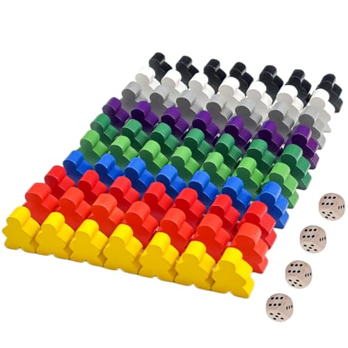 Tokaneit Halmakegel aus Holz, Bunte Spielfiguren, Spielfiguren aus Holz für Brettspiele, 54 Stück Holzpuppen Spielfiguren und 4 Stück Würfel aus Holz, Spielfiguren Für Brettspiele (2 x 2.3 x 0.9 cm) von Tokaneit