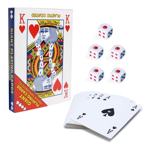 Übergroßes Poker Deck, Riesige Poker Spielkarten, Spielkarten Spiel Kartenset, Wasserfeste Kunststoffspielkarten mit 5 Würfel für Familie, Party, Pokerkarten, Spiele Karten (17.5x12.5cm) von Tokaneit