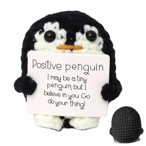 Handgefertigter gehäkelter Pinguin – Gestrickter Pinguin zur emotionalen Unterstützung | Häkelpuppe mit positiver Karte, lustiger Mini-Pinguin, niedliche Häkelpuppe, Mini-Pinguin-Spielzeug für Muttert von Toliya