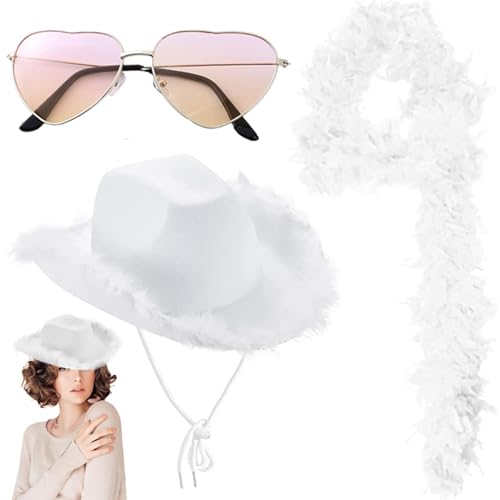 Rosa Cowboyhut - Cowgirlhut Rosa Set | Flauschiger Cowgirl-Hut mit Federn und Pelzbesatz | Preppy Cowgirl-Hut mit Schleife, Cowgirl-Hut rosa, atmungsaktiver Preppy Cowgirl-Hut mit Sonnenbrille zum Dat von Toliya