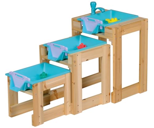 TollesfürKinder Wasserspieltisch mit Wasserhahn und 3 Boote, Wassertisch Kinder Outdoor aus Naturholz mit Wasserbecken, Schlauchanschluß, 3 Wasserbecken für Wasserfall und Staudamm von TollesfürKinder