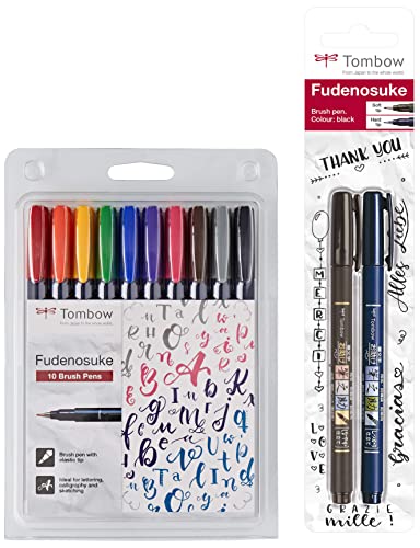 Tombow WS-BH-10P Brush Pen Fudenosuke 10er-Set, bunt, Etui & ws-BHS-2P Brush Pen Fudenosuke je 1 x mit Harter u weicher Spitze von Tombow