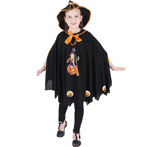 Tomicy 2 PCS Halloween Fledermaus kostüm Kinder Fledermaus Umhang Kostüm mädchen Hexenkostüm Kürbis Umhang Schwarz mit Kapuze für Halloween Cosplay Party Geeignet für Höhe 90-110cm von Tomicy