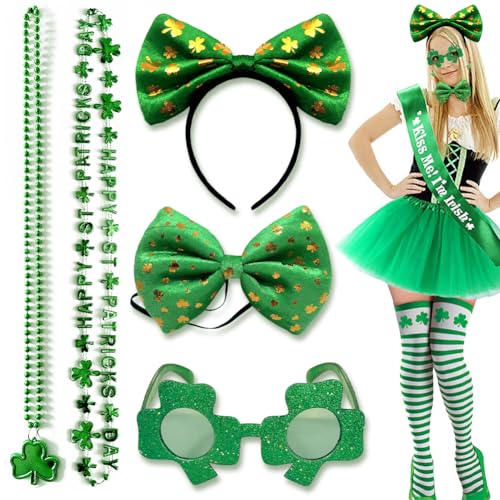 Tomicy St Patrick Day Kostüm Zubehör Set Grün Irish Klee Gedruckt Halskette Brille Stirnband Socks Fliege Kostüm Accessoire Saint Patrick Day Karneval Kostümparty von Tomicy