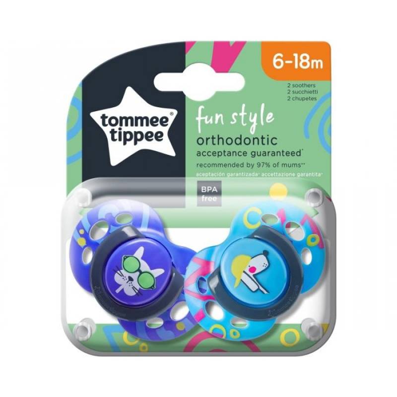 Tommee Tippee Set 02 Succhietti 18-36 m Fun Style in Silicone Ortodontico Azzurro e Blu Dog von Tommee Tippee