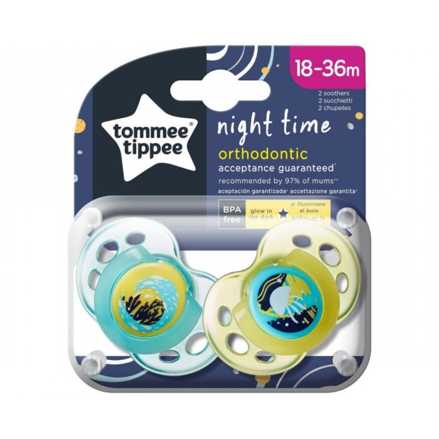 Tommee Tippee Set 02 Succhietti Night Time 18-36m in Silicone Giallo-Verde Acqua von Tommee Tippee