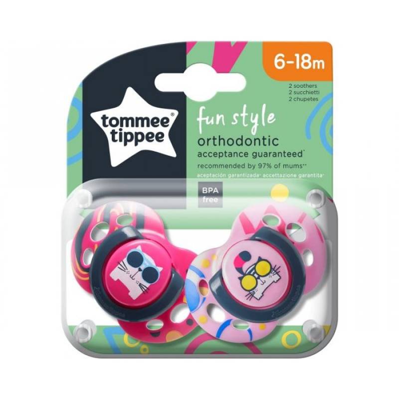 Tommee Tippee Set 02 succhietti Fun Style 6-18 mesi Ortodontico in Silicone Rosa&Fucsia Gatto von Tommee Tippee