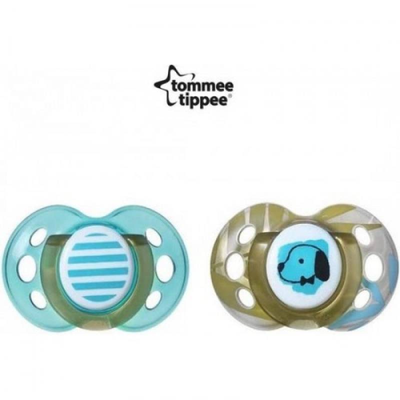 Tommee Tippee Set 02 succhietti Moda 18-36 m in Silicone Azzurro Righe e Cagnolino von Tommee Tippee