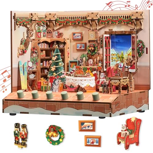 Tonecheer DIY Miniatur Das Weihnachtshäuschen Minihaus Modell Kits für Erwachsene zu Bauen 3D Holzpuzzle Modellbausatz mit Sound-Effekte, Bücherregal Dekoration Geburtstagsgeschenk für Frauen Männer von Tonecheer