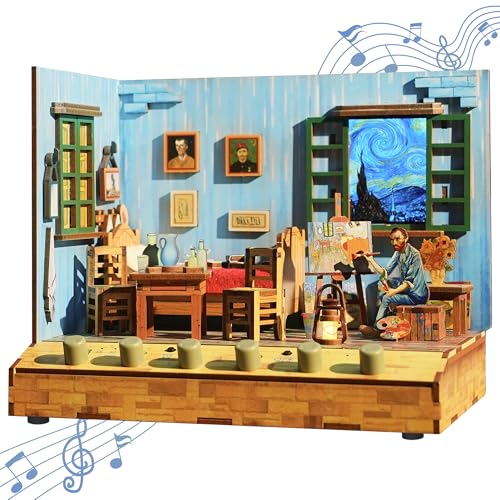 Tonecheer DIY Miniatur Vincents Schlafzimmer Minihaus Modell Kits für Erwachsene zu Bauen, 3D Holzpuzzle Modellbausatz mit Sound-Effekte, Bücherregal Dekoration Geburtstagsgeschenk für Frauen Männer von Tonecheer