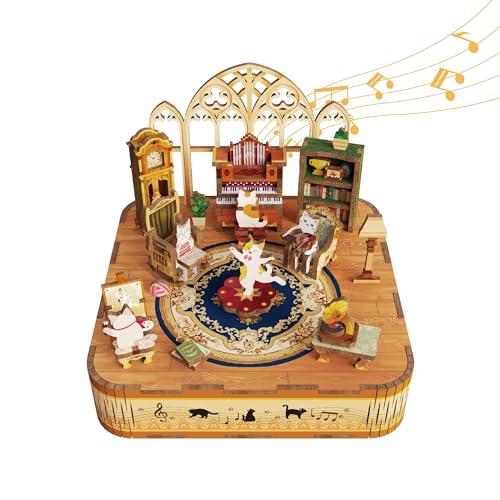 Tonecheer Spieluhr Holz 3D Puzzle, Katzenfamilie DIY Modellbausatz für Erwachsene, Drehbare Musikbox, Holzpuzzle Geschenke zur Hausdekoration Geschenk für Geburtstag Weihnachten Teenager von Tonecheer