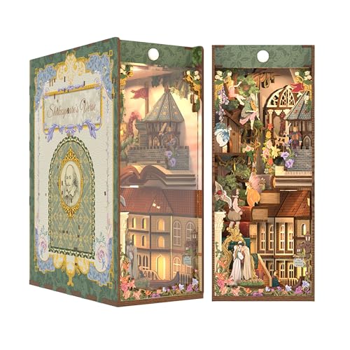 Tonecheer x British Library DIY Book Nook Kit, Shakespeare 3D-Holzpuzzle für Erwachsene, Miniatur-Haus-Kit Booknook-Bücherregal-Einsatz Dekor mit LED-Licht Handwerks Geschenk von Tonecheer